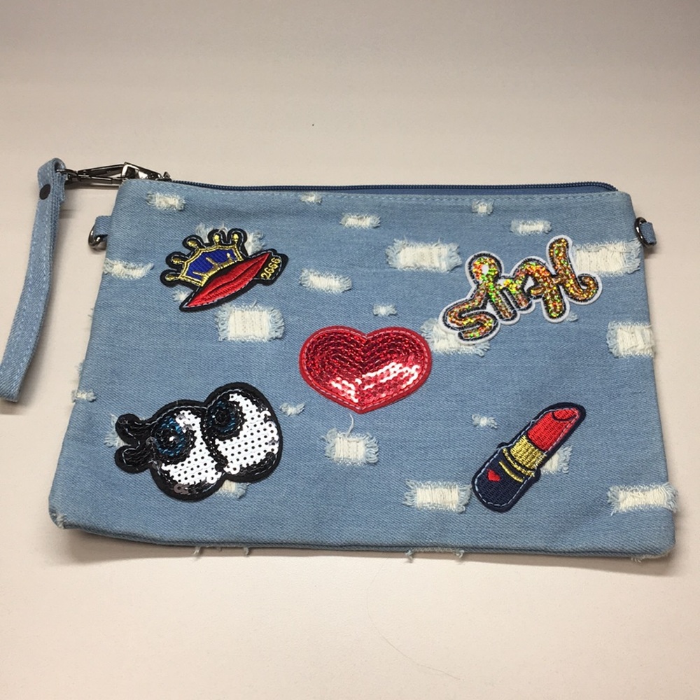 Tortured Denim Wristlet Handbag w/Sequence Patches